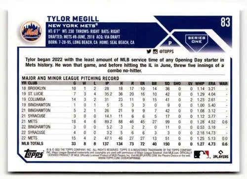 2023 Topps #83 Tylor Megill NM ID:50685 - Baseball Card Single
