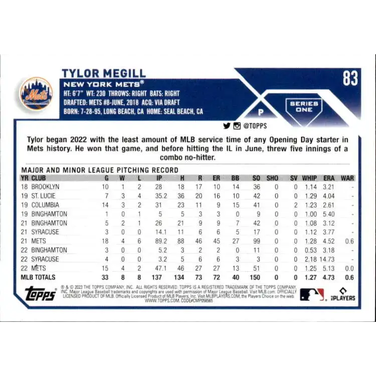 2023 Topps #83 Tylor Megill NM-MT New York Mets Baseball Card - Baseball Card Single