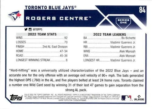 2023 Topps #84 Toronto Blue Jays NM-MT ID:49625 - Baseball Card Single