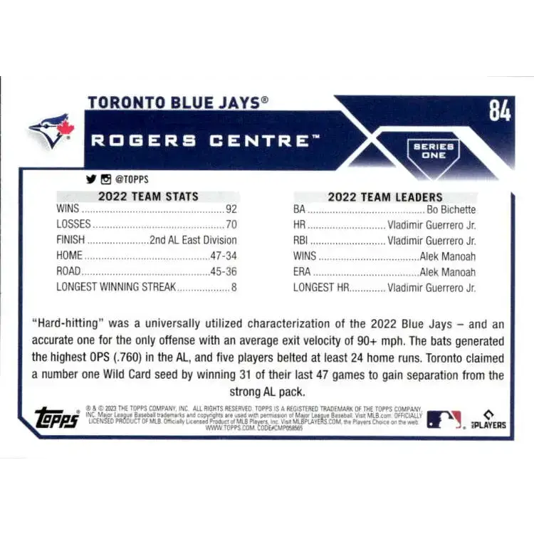 2023 Topps #84 Toronto Blue Jays NM-MT Team Card Baseball Card - Baseball Card Single