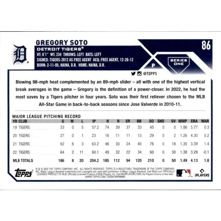 2023 Topps #86 Gregory Soto NM-MT Detroit Tigers Baseball Card - Baseball Card Single