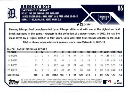 2023 Topps #86 Gregory Soto NM-MT Tigers ID:50196 - Baseball Card Single