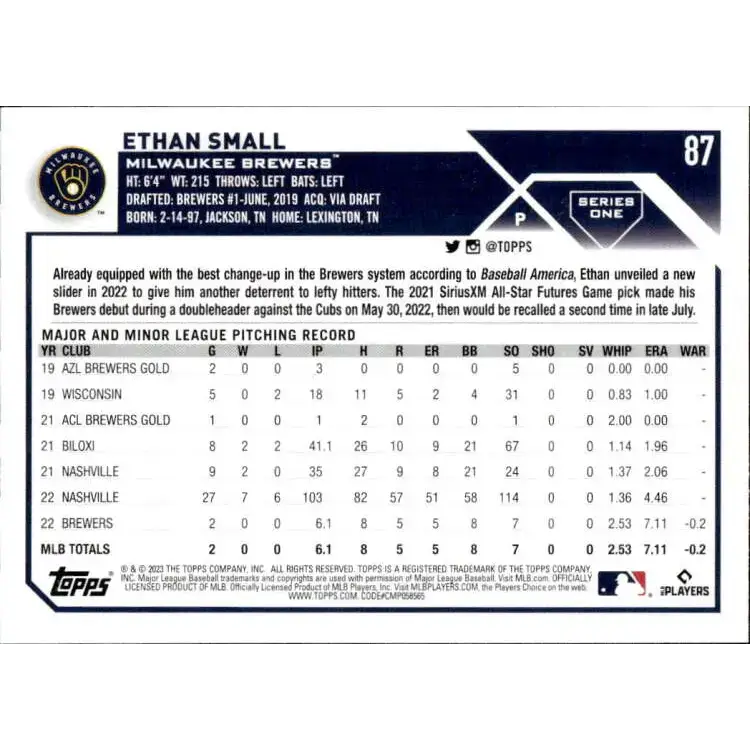 2023 Topps #87 Ethan Small NM-MT RC Rookie Milwaukee Brewers Baseball Card - Baseball Card Single