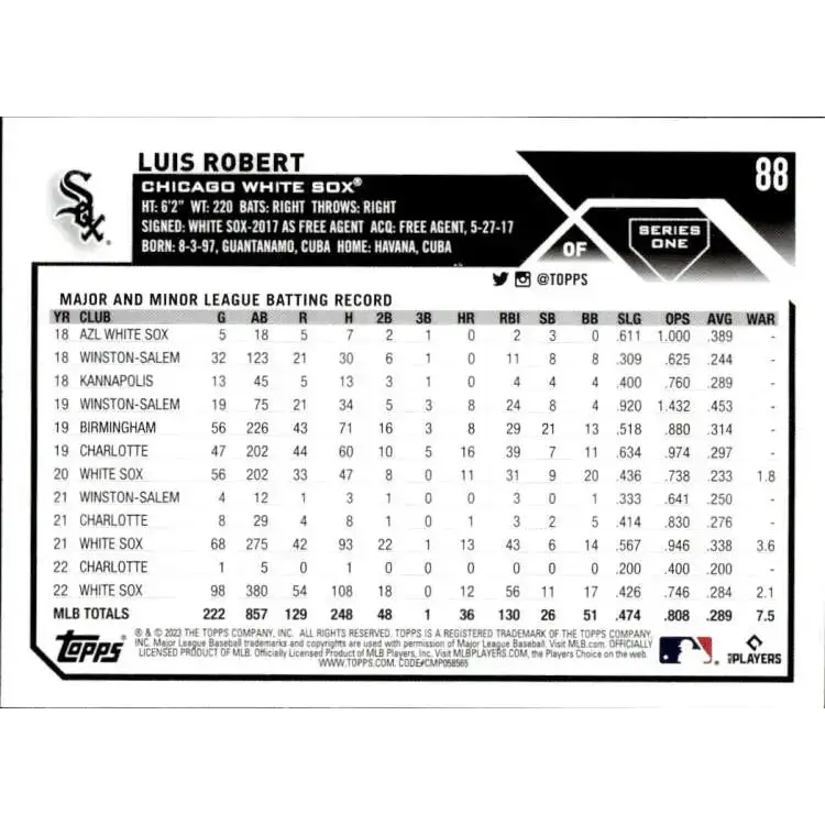 2023 Topps #88 Luis Robert NM-MT Chicago White Sox Baseball Card - Baseball Card Single