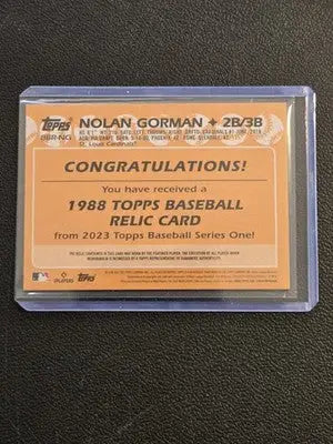 2023 Topps #88R-NG Nolan Gorman 1988 Topps Baseball 35th Anniversary Relics - Baseball Card Single