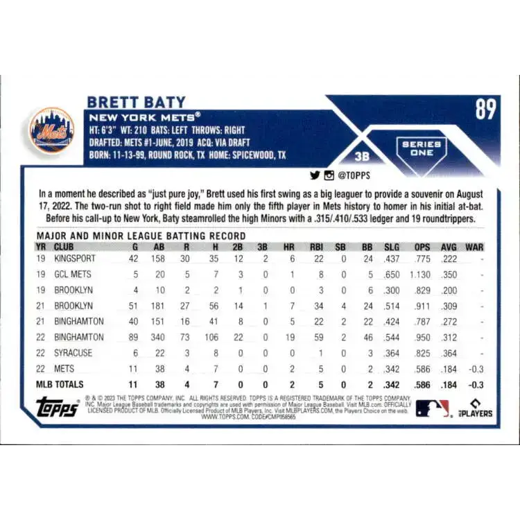 2023 Topps #89 Brett Baty NM-MT RC Rookie New York Mets Baseball Card - Baseball Card Single