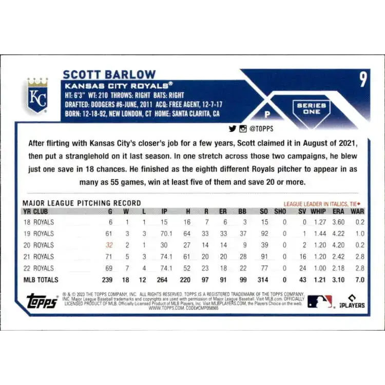 2023 Topps #9 Scott Barlow NM-MT Kansas City Royals Baseball Card - Baseball Card Single