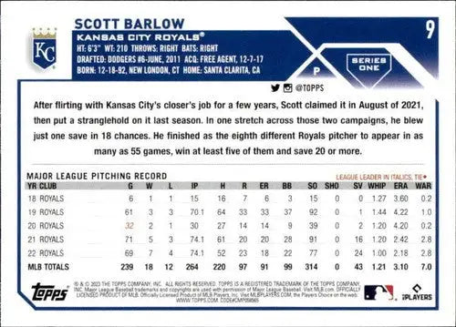 2023 Topps #9 Scott Barlow NM-MT Royals ID:58674 - Baseball Card Single