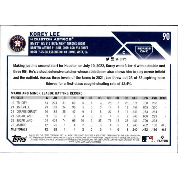 2023 Topps #90 Korey Lee NM-MT RC Rookie Houston Astros Baseball Card - Baseball Card Single