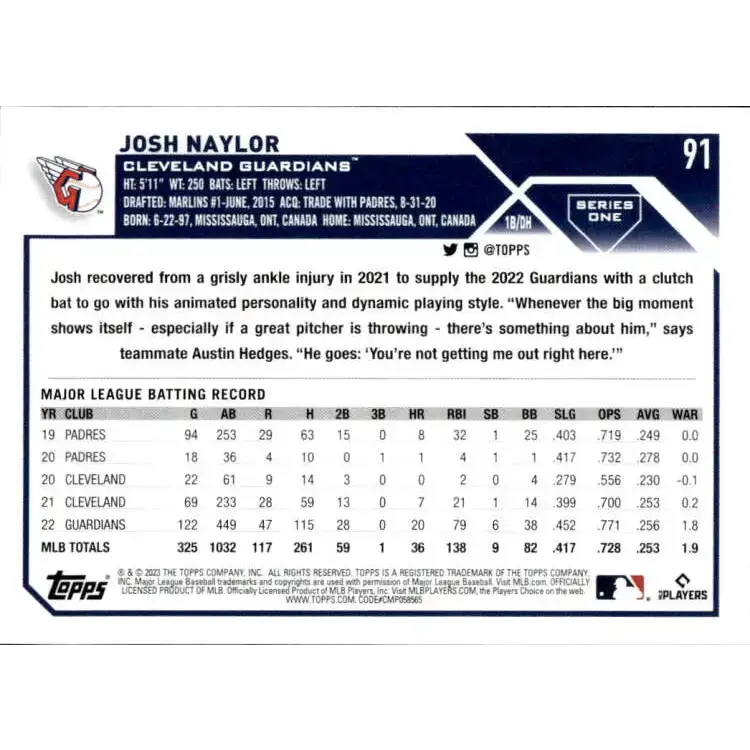 2023 Topps #91 Josh Naylor NM-MT Cleveland Guardians Baseball Card - Baseball Card Single
