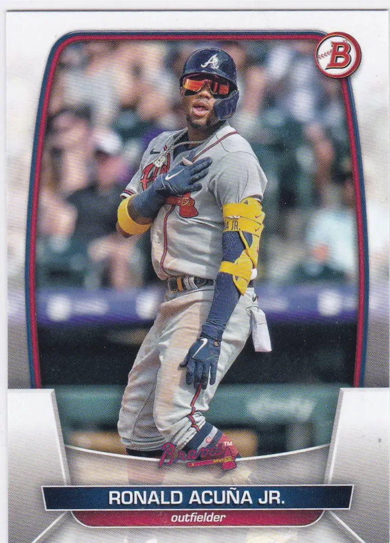 Baseball card of Ronald Acuna Jr Atlanta Braves in a road gray uniform