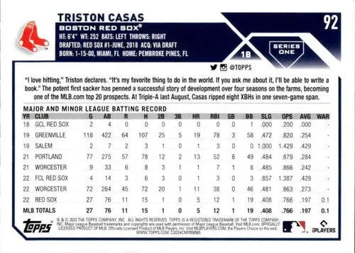 Baseball card back featuring Triston Casas rookie Red Sox 2023 Topps #92 NM-MT RC