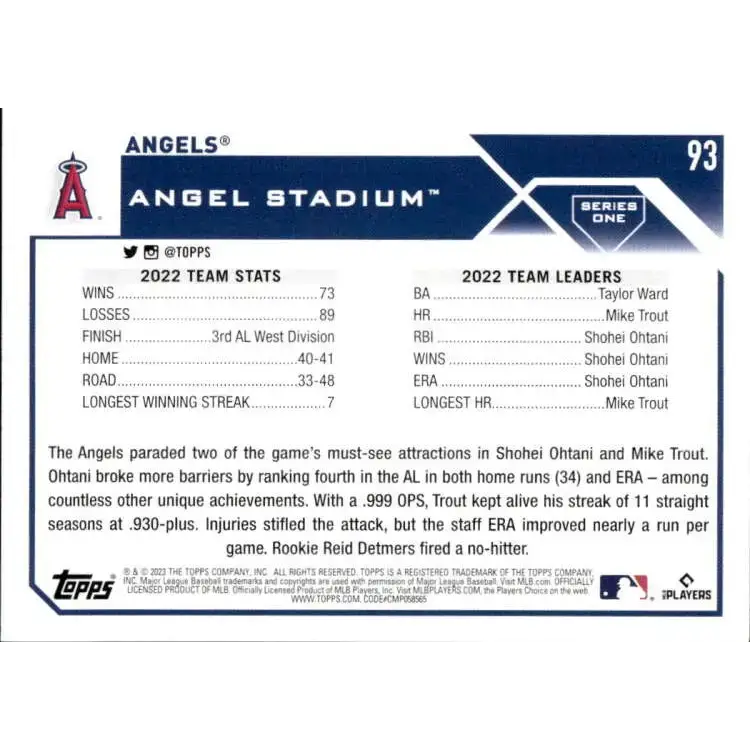 2023 Topps #93 Los Angeles Angels NM-MT Team Card Baseball Card - Baseball Card Single