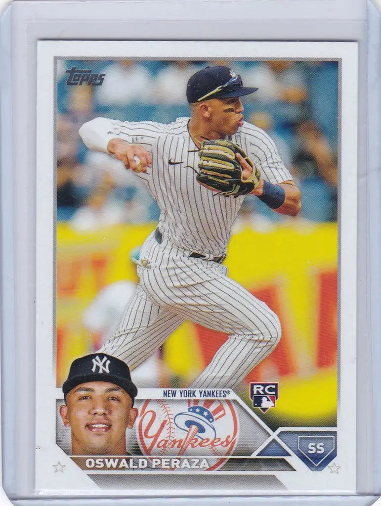 Baseball card of Oswald Peraza pitching for New York Yankees in 2023 Topps trading cards