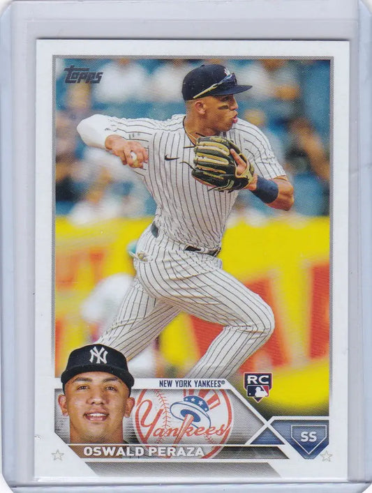 Baseball card of Oswald Peraza pitching for New York Yankees in 2023 Topps trading cards