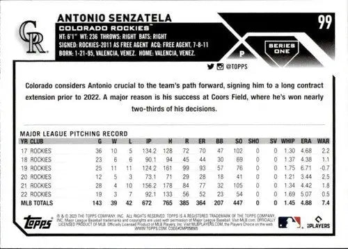 2023 Topps #99 Antonio Senzatela NM-MT Rockies ID:58675 - Baseball Card Single