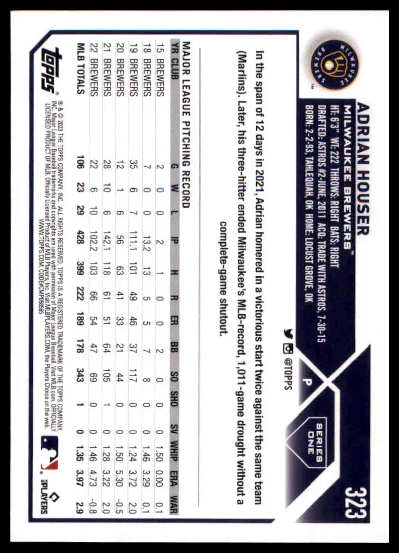 2023 Topps Adrian Houser 323 Milwaukee Brewers Baseball NM - Baseball Card Single