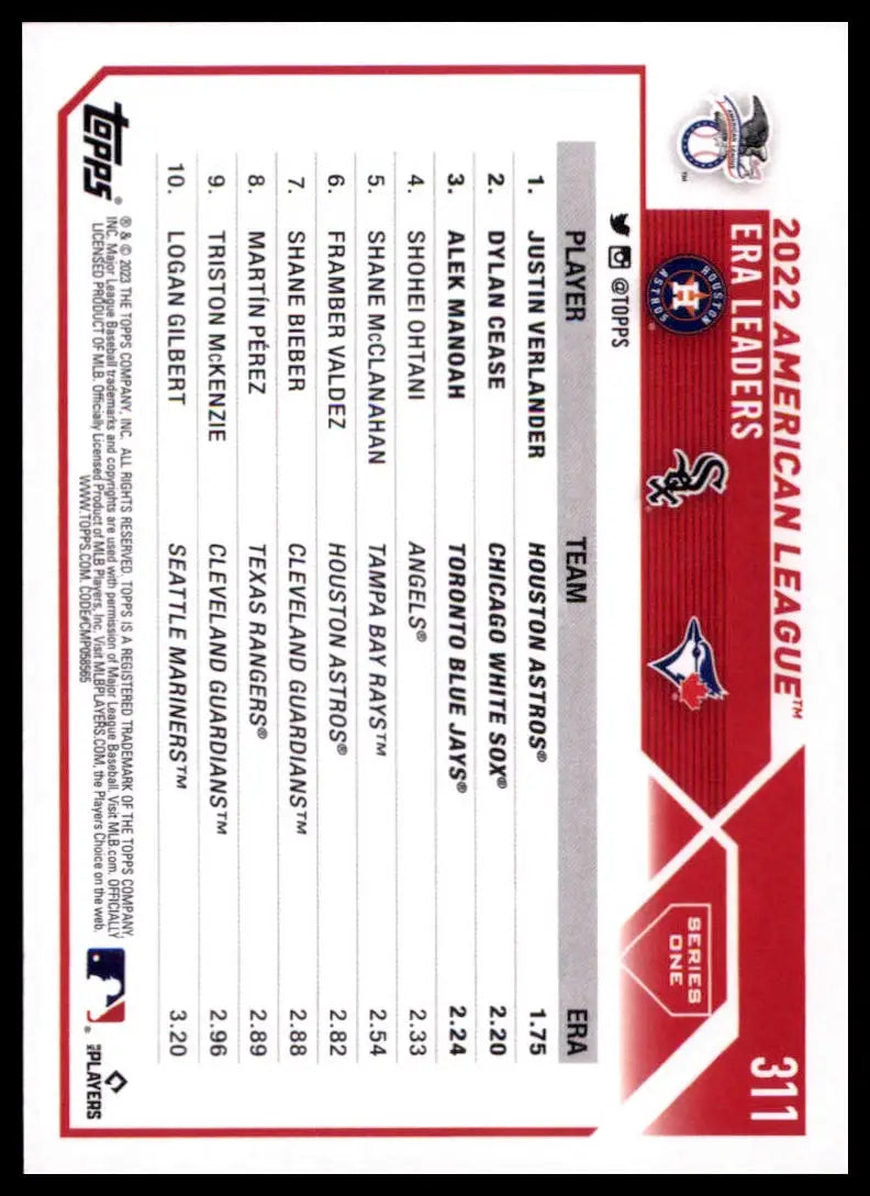2023 Topps AL ERA Leaders (Justin Verlander / Dylan Cease / Alek Manoah) 311 NM - Baseball Card Single