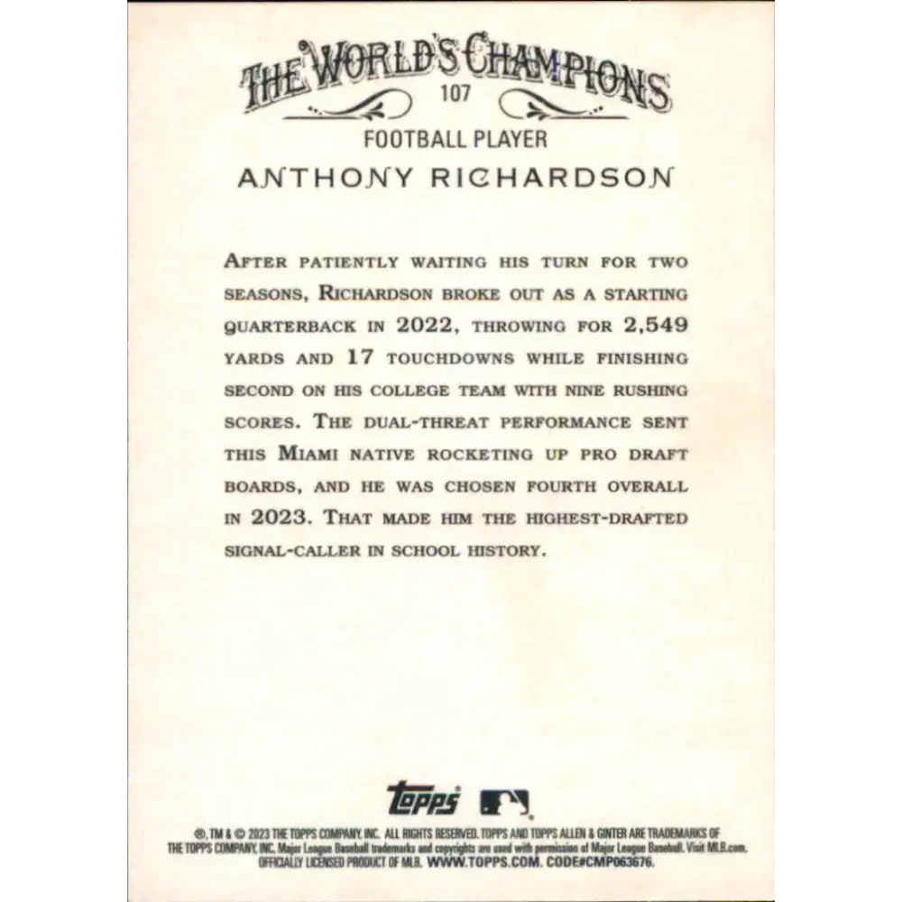 2023 Topps Allen and Ginter #107 Anthony Richardson NM-MT Baseball Card - Baseball Card Single
