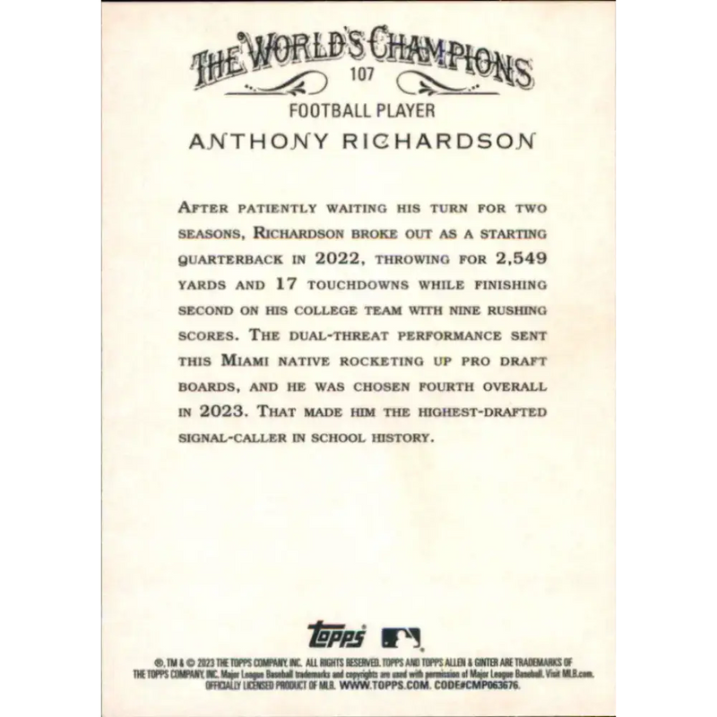 2023 Topps Allen and Ginter #107 Anthony Richardson NM-MT Baseball Card - Baseball Card Single