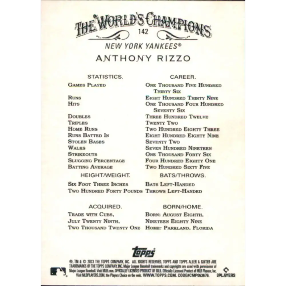 2023 Topps Allen and Ginter #142 Anthony Rizzo NM-MT New York Yankees Baseball Card - Baseball Card Single