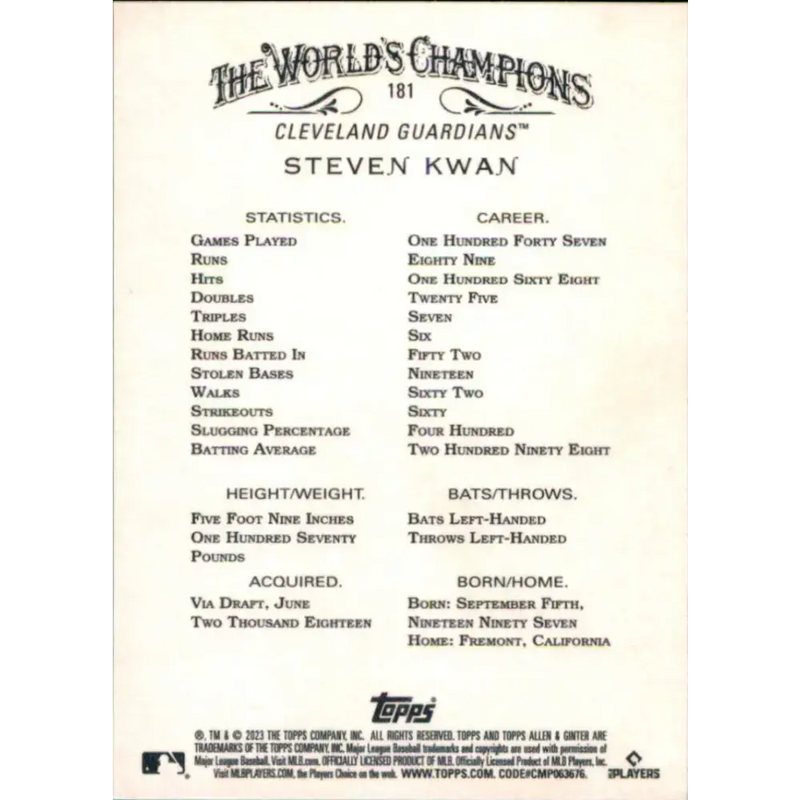 2023 Topps Allen and Ginter #181 Steven Kwan NM-MT RC Rookie Cleveland Guardians Baseball Card - Baseball Card Single