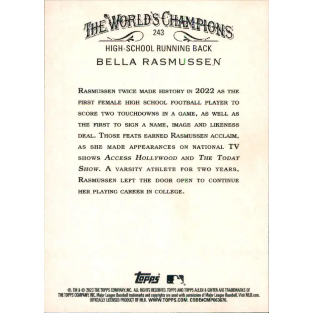 2023 Topps Allen and Ginter #243 Bella Rasmussen NM-MT Baseball Card - Baseball Card Single
