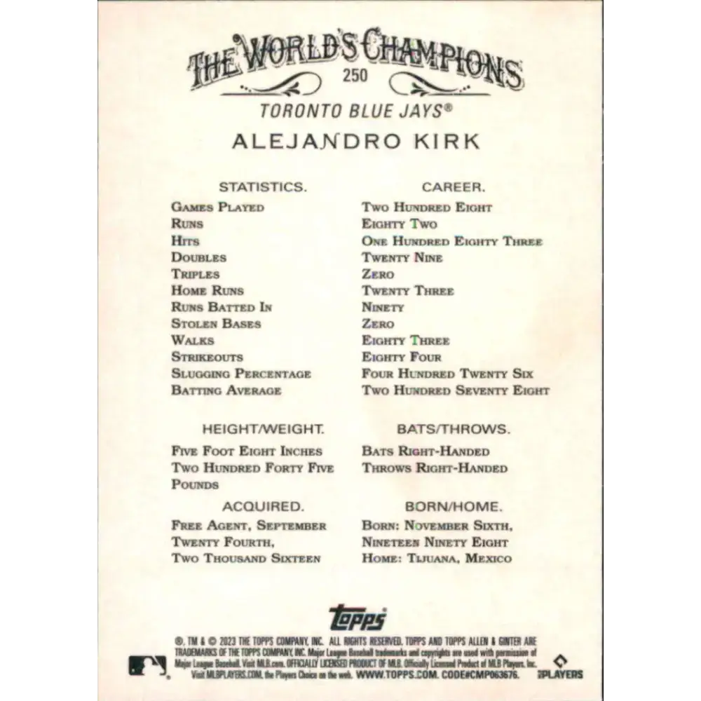 2023 Topps Allen and Ginter #250 Alejandro Kirk NM-MT Toronto Blue Jays Baseball Card - Baseball Card Single