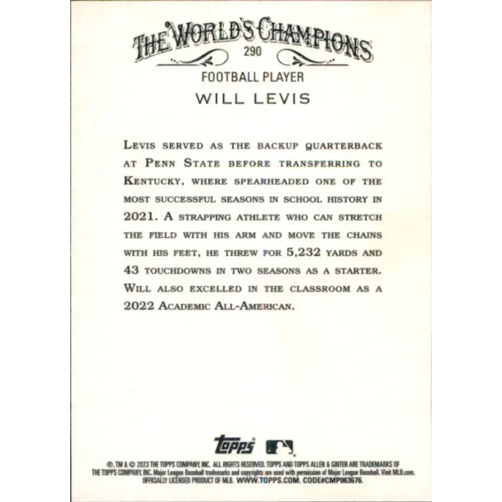 2023 Topps Allen and Ginter #290 Will Levis NM-MT Baseball Card - Baseball Card Single