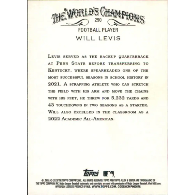 2023 Topps Allen and Ginter #290 Will Levis NM-MT Baseball Card - Baseball Card Single