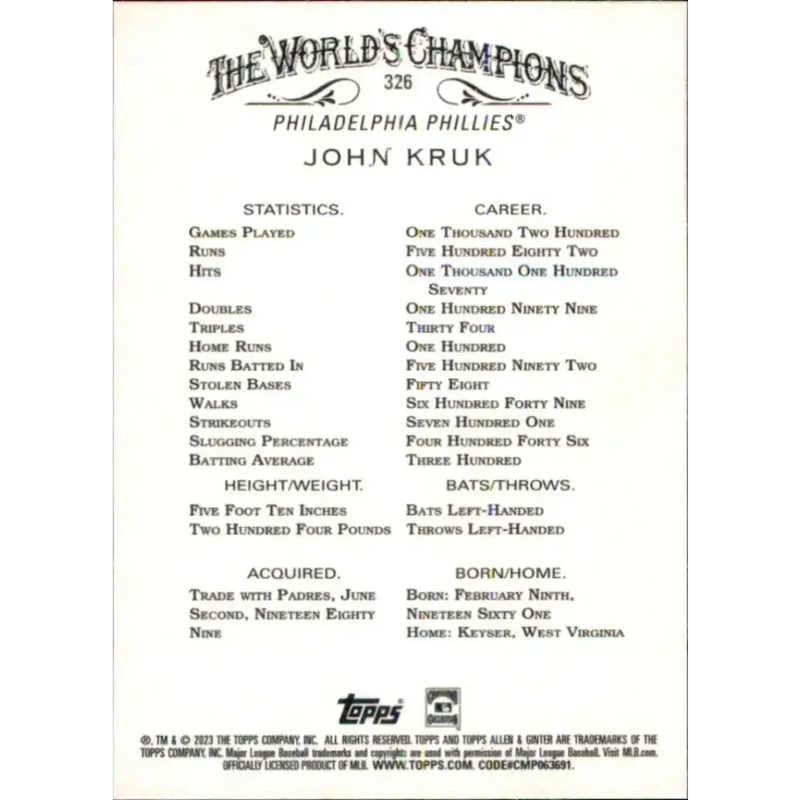 2023 Topps Allen and Ginter #326 John Kruk NM-MT SP Philadelphia Phillies Baseball Card - Baseball Card Single