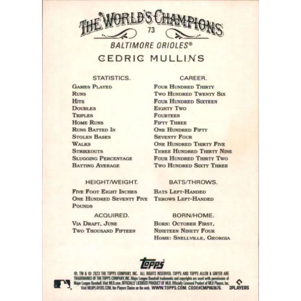 2023 Topps Allen and Ginter #73 Cedric Mullins NM-MT Baltimore Orioles Baseball Card - Baseball Card Single