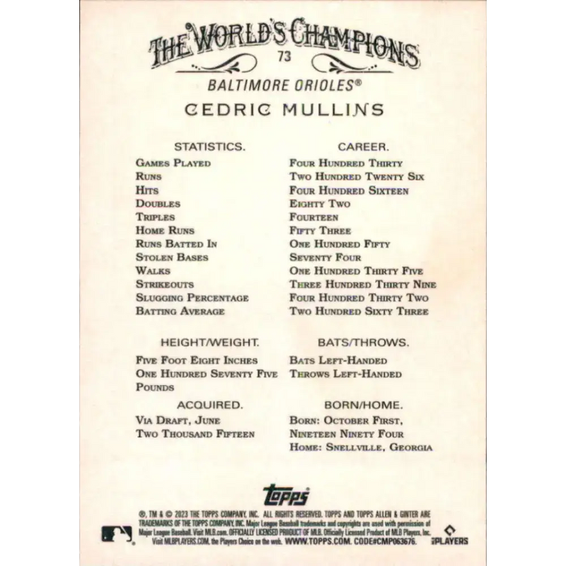 2023 Topps Allen and Ginter #73 Cedric Mullins NM-MT Baltimore Orioles Baseball Card - Baseball Card Single
