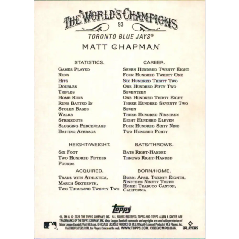 2023 Topps Allen and Ginter #93 Matt Chapman NM-MT Toronto Blue Jays Baseball Card - Baseball Card Single