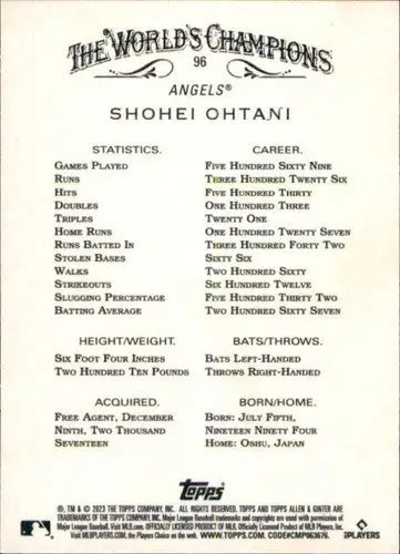 2023 Topps Allen and Ginter #96 Shohei Ohtani NM Near Mint Angels ID:66654 - Trading Card