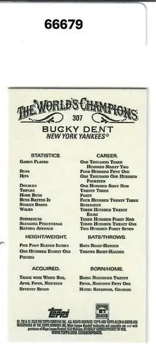 2023 Topps Allen and Ginter Mini #307 Bucky Dent NM Near Mint SP Yankees - Baseball Card Single