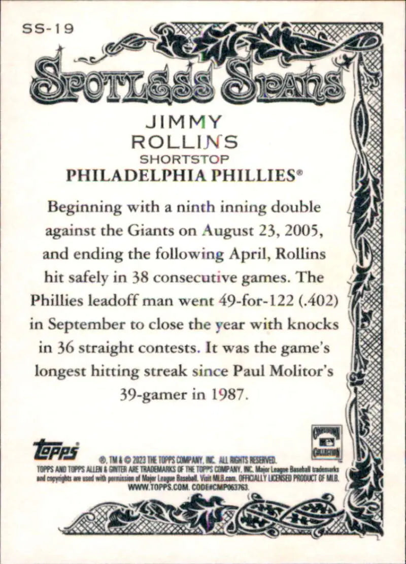 2023 Topps Allen and Ginter Spotless Spans #SS-19 Jimmy Rollins NM Near ID:66693 - Baseball Card Single