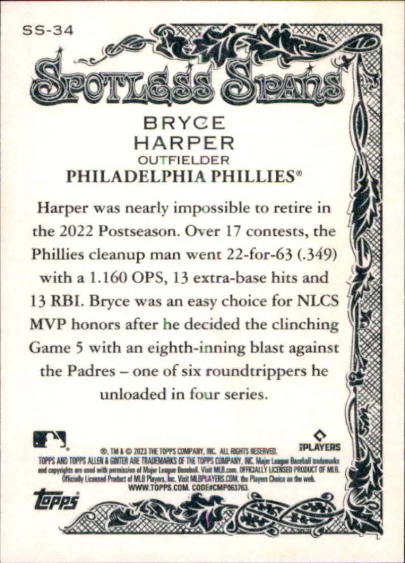 2023 Topps Allen and Ginter Spotless Spans #SS-34 Bryce Harper NM Near ID:66694 - Baseball Card Single