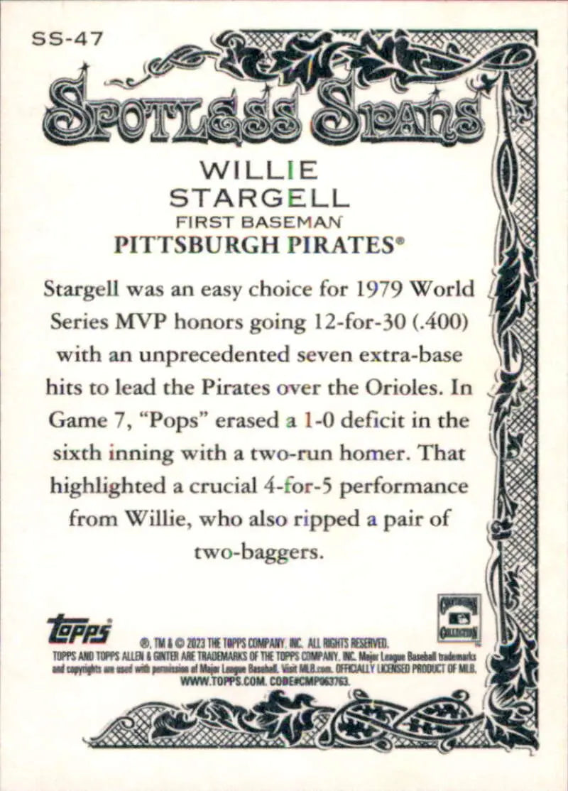 2023 Topps Allen and Ginter Spotless Spans #SS-47 Willie Stargell NM Ne ID:66695 - Baseball Card Single