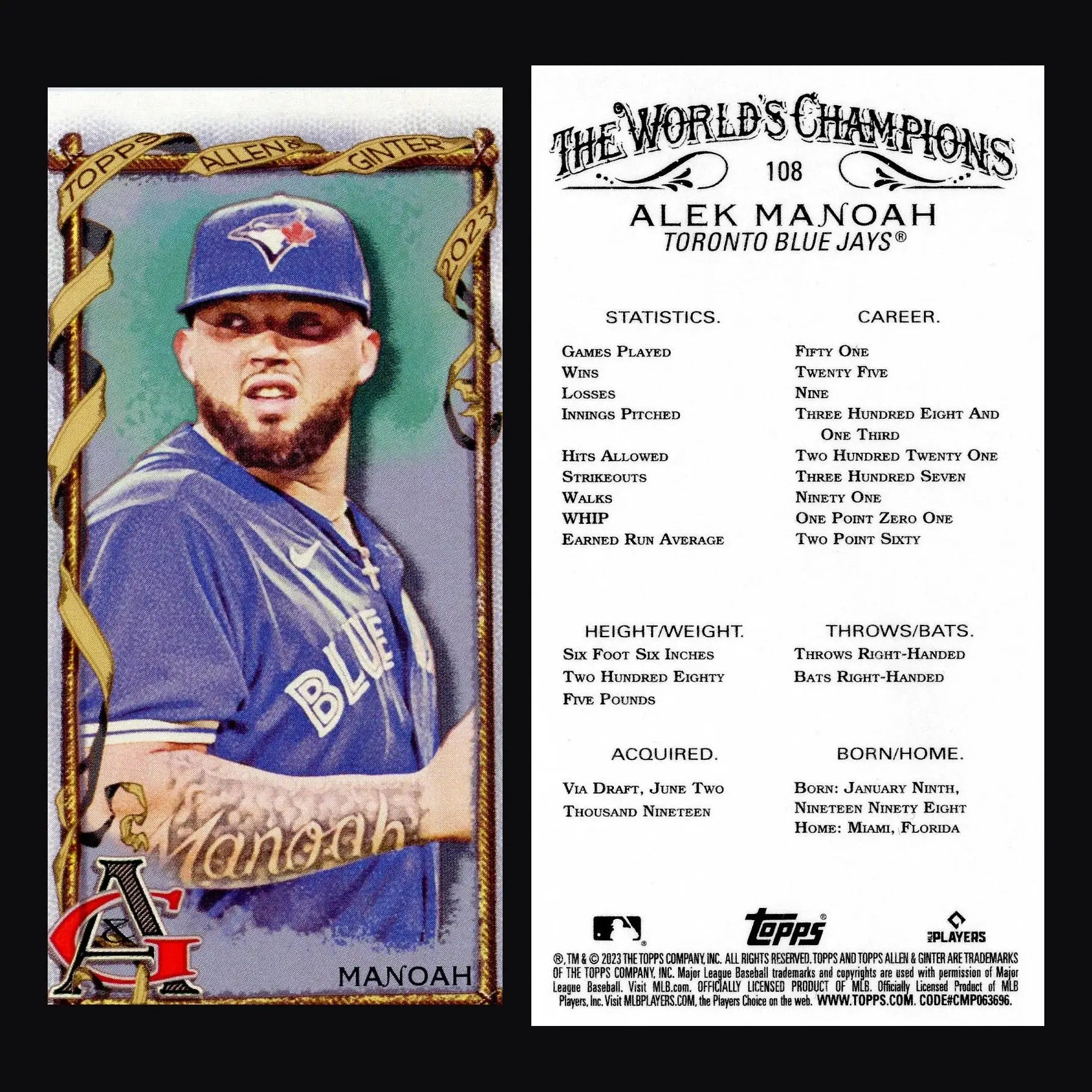 2023 Topps Allen & Ginter #108 Alek Manoah Mini Toronto Blue Jays - Baseball Card Single