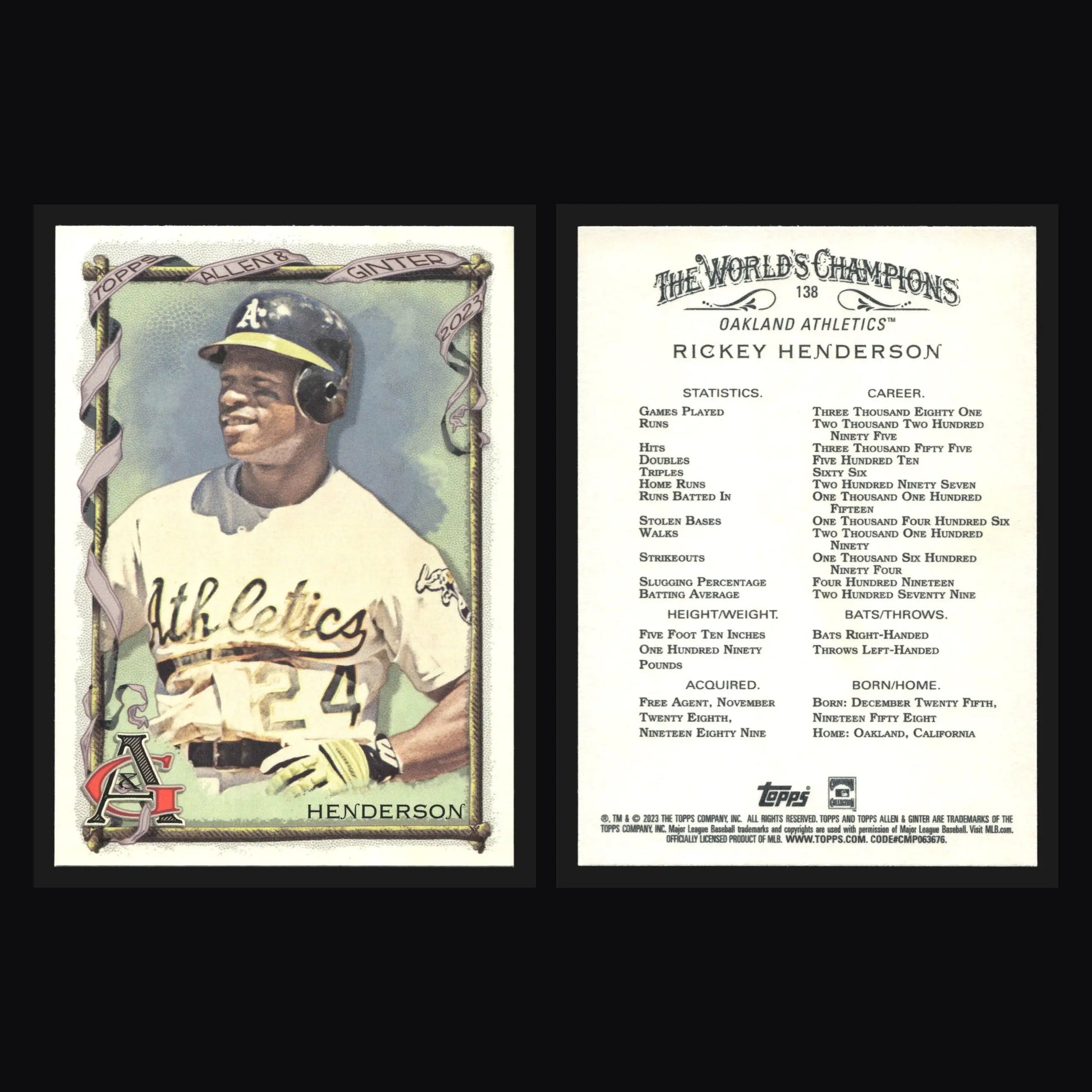2023 Topps Allen & Ginter #138 Rickey Henderson Athletics HOF - Baseball Card Single