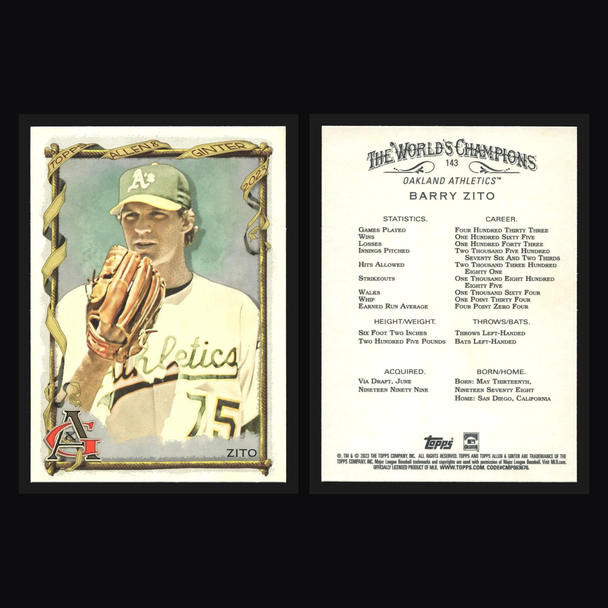 2023 Topps Allen & Ginter #143 Barry Zito Oakland Athletics - Baseball Card Single