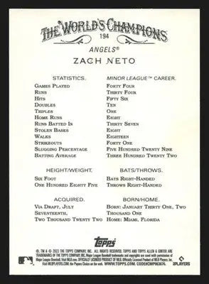 2023 Topps Allen & Ginter #194 Zach Neto Los Angeles Angels RC - Baseball Card Single