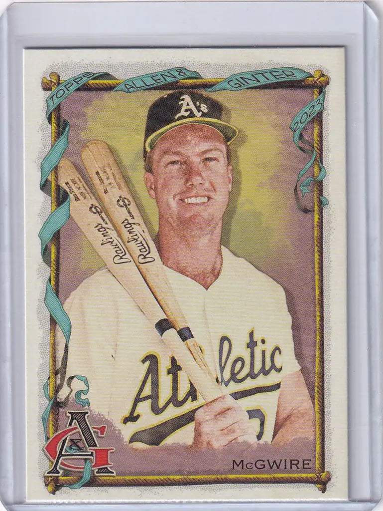 Baseball card of Mark McGwire from the Oakland Athletics holding a bat, Topps Allen