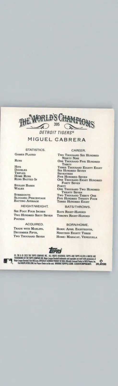 2023 Topps Allen & Ginter #395 Miguel Cabrera Detroit Tigers - Baseball Card Single