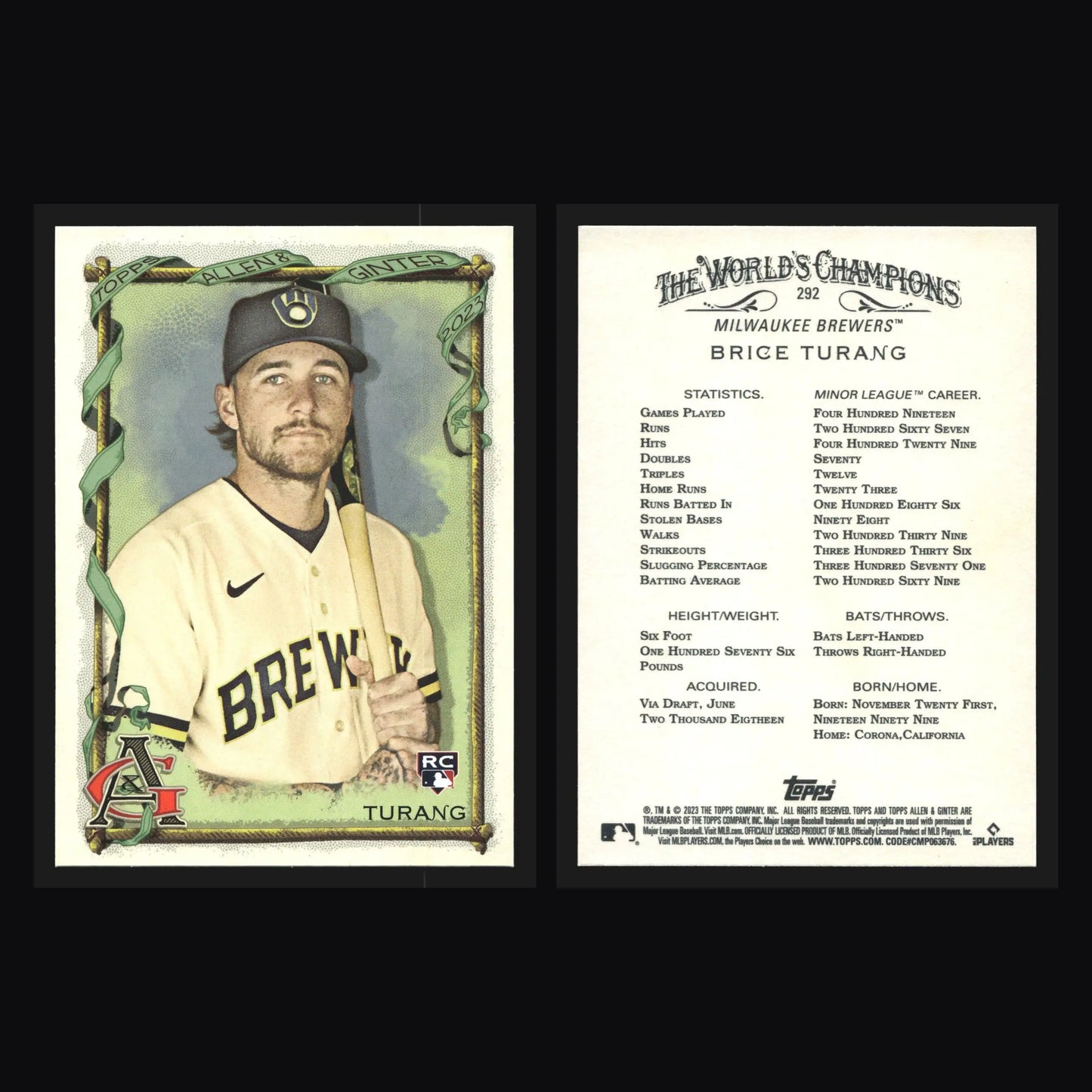 2023 Topps Allen & Ginter Brice Turang #292 RC Milwaukee Brewers - Baseball Card Single