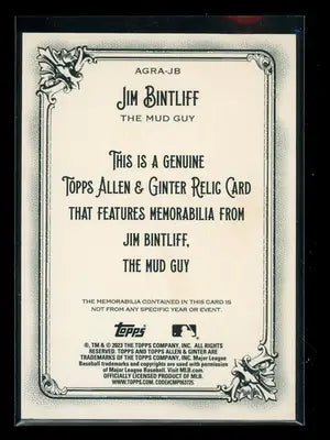 2023 Topps Allen & Ginter Jim Bintliff #AGRA-JB Subject-Worn Memorabilia - Baseball Card Single