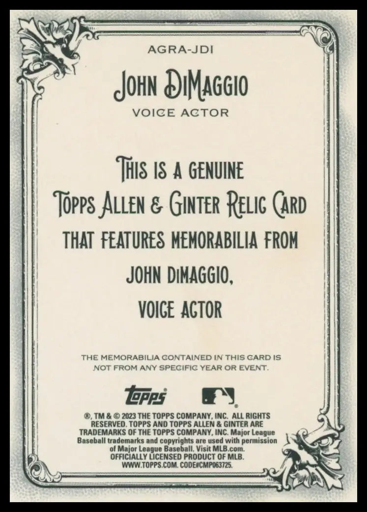 2023 Topps Allen & Ginter - Allen & Ginter John DiMaggio AGRA-JDI Memorabilia NM - Baseball Card Single