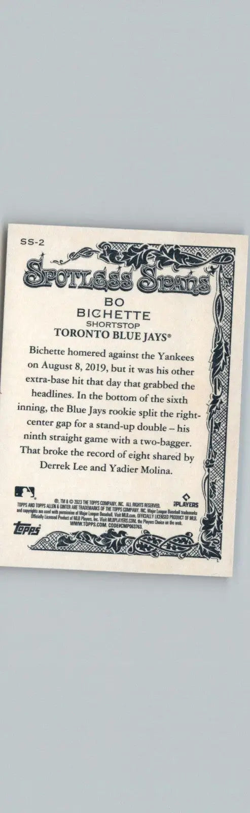 2023 Topps Allen & Ginter #SS-2 Bo Bichette Spotless Spans Toronto Blue Jays - Baseball Card Single
