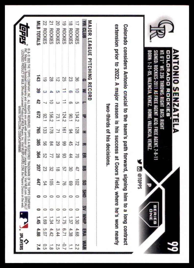 2023 Topps Antonio Senzatela 99 Colorado Rockies Baseball NM - Baseball Card Single